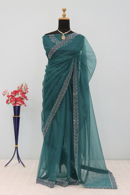 JennyFeb Villa Embellished Bollywood Supernet Saree(Dark Green)
