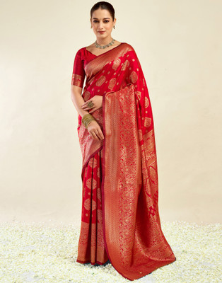 Samah Woven, Embellished Banarasi Silk Blend Saree(Red)