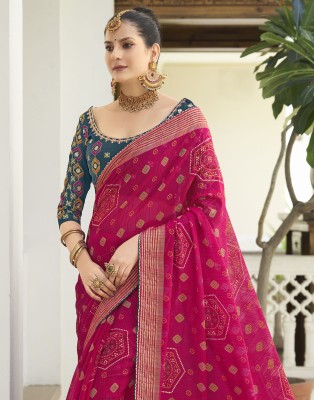 Satrani Woven, Embellished, Geometric Print Bandhani Chiffon, Lace Saree(Pink, Multicolor)