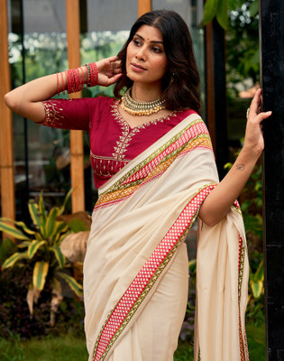 Satrani Solid/Plain, Printed Bollywood Tussar Silk Saree(Cream, Red)
