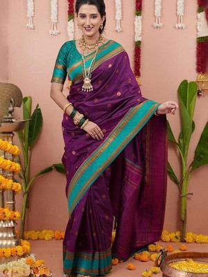 RASIFASHION Woven Paithani Silk Blend Saree(Purple)