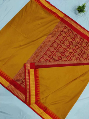 Anabiya collection Solid/Plain, Temple Border Sambalpuri Pure Silk Saree(Mustard)