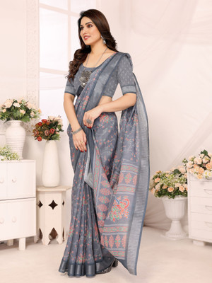 Soor Panchi Floral Print Bollywood Cotton Linen Saree(Grey)