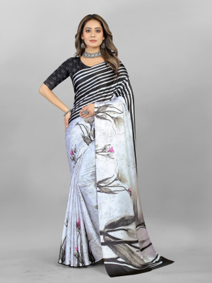 INITHI Digital Print Bollywood Crepe Saree(White)
