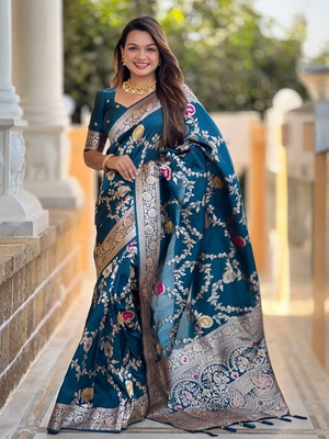 KASHTBHANJAN ETHNICWEAR Self Design Banarasi Satin Saree(Blue)