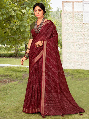 Tasrika Printed Bandhani Cotton Blend Saree(Maroon)
