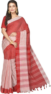 crochetin Woven Handloom Cotton Blend Saree(Red)