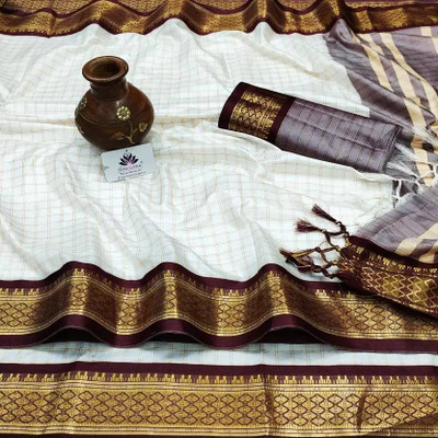 JbWorld Checkered, Woven, Embroidered Gadwal Cotton Silk, Pure Silk Saree(White, Maroon)