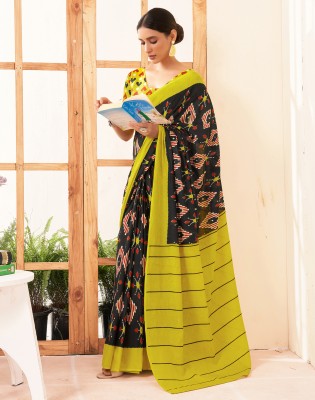 Divastri Printed Handloom Pure Cotton Saree(Black, Yellow)