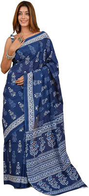 Craftmusium Printed, Color Block, Blocked Printed, Dyed Daily Wear Pure Cotton Saree(Blue)