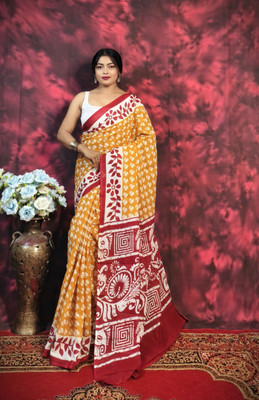 SARATHITEXTILE Color Block Hand Batik Cotton Blend Saree(Yellow)