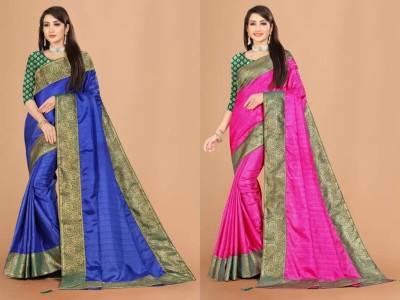 ONTIC LIFESTYLE Printed Bollywood Art Silk Saree(Pack of 2, Blue, Pink)