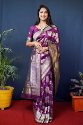 sarjan creation Woven Handloom Jacquard, Pure Silk Saree(Multicolor, Purple, Silver)