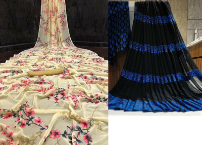 Sita Floral Print Bollywood Georgette Saree(Pack of 2, Yellow)