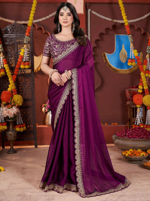 Adhita Enterprise Embroidered, Woven Bollywood Silk Blend Saree(Purple)