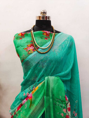 ASHTA Floral Print Kanjivaram Linen Saree(Light Blue)