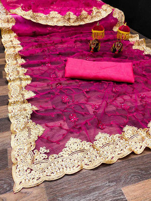 FINERFLY Embroidered Bollywood Net Saree(Pink)