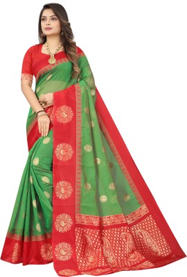 FENAL Woven Banarasi Cotton Silk Saree(Red, Green)