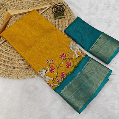 Sniccs Trend Printed Bollywood Silk Blend Saree(Mustard)