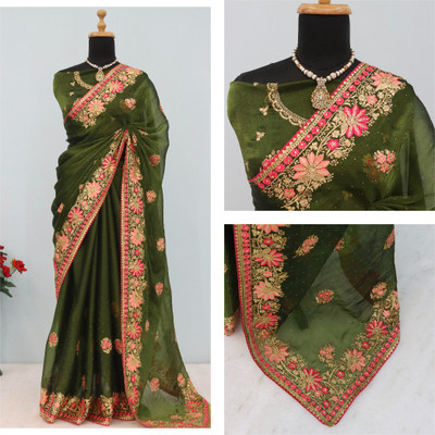 KHRITI FAB Embroidered Bollywood Jimmy choo Saree(Light Green)