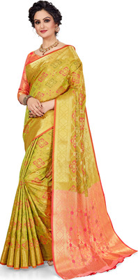 M.S.RETAIL Self Design Banarasi Silk Blend Saree(Green, Pink)