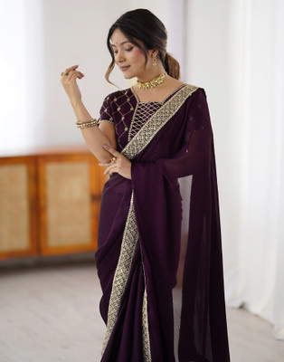 Satrani Solid/Plain Bollywood Chiffon Saree(Purple)
