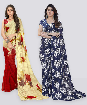 Anand Sarees Floral Print Daily Wear Georgette Saree(Pack of 2, Pink, Beige, Blue)