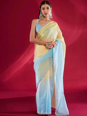 all about you Embellished Daily Wear Tissue Saree(Blue, Yellow)