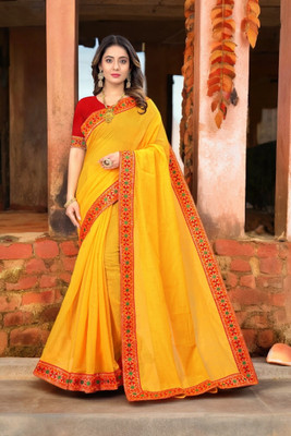 Volmina Solid/Plain Chanderi Cotton Blend Saree(Yellow)