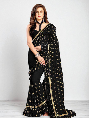 fFASHION Self Design, Striped, Solid/Plain, Embellished, Woven Bollywood Georgette Saree(Black)