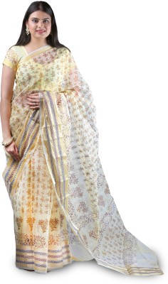 sarvagya Printed Kota Doria Cotton Blend Saree(Yellow)