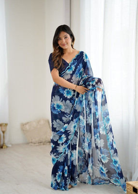 ROOP SUNDARI SAREES Floral Print Daily Wear Georgette Saree(Blue)