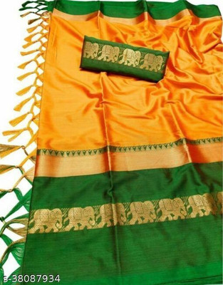 Riddhi Shivaay Woven Kanjivaram Cotton Blend, Jacquard Saree(Green, Yellow)