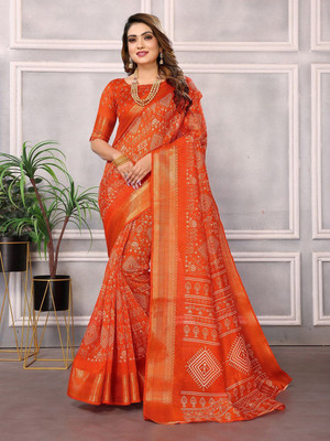 Moda Rapido Printed Bandhani Cotton Blend Saree(Orange)