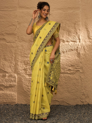 ANOUK Printed Jamdani Linen Saree(Yellow)
