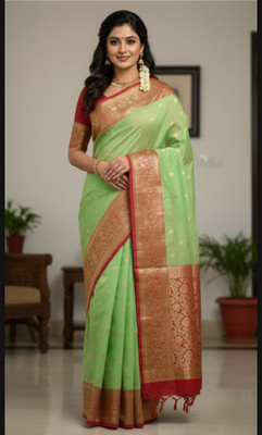 RIDDHI Embroidered Banarasi Organza Saree(Light Green, Maroon)