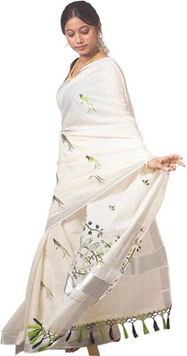 JAYAPRAKASH TEX Floral Print, Embroidered, Printed, Woven Kasavu Cotton Blend Saree(Cream)