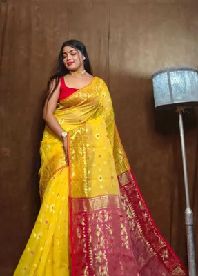 SP Boutique Woven Jamdani Cotton Silk Saree(Yellow)