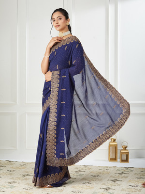FABMORA Dyed, Embroidered, Embellished Bollywood Satin Saree(Blue)