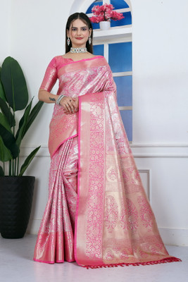 SHREE NATH CREATION Woven Dharmavaram Cotton Blend Saree(Pink, Gold)