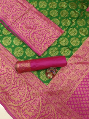 JIADIA Woven Kanjivaram Pure Silk, Art Silk Saree(Green, Pink)