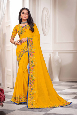 Laxmipati sarees Embroidered Bollywood Silk Blend Saree(Yellow)