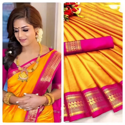 MoonTextile Printed Assam Silk Cotton Silk Saree(Yellow, Pink)