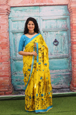Akshara Fashion Printed, Blocked Printed, Floral Print, Hand Painted Daily Wear Pure Cotton Saree(Yellow, Light Blue)
