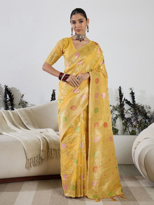 Vichitra Woven, Self Design Banarasi Cotton Blend, Jacquard Saree(Yellow)