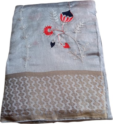 Rudr Woven, Embroidered Chanderi Cotton Silk Saree(Grey)