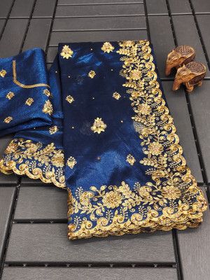 Mikhushop Embroidered Bollywood Net Saree(Light Blue)