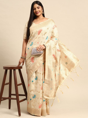 Sztori Woven, Self Design Banarasi Cotton Linen Saree(Beige)