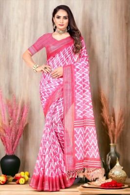 Raghav Silk Studio Digital Print, Self Design, Woven Bollywood Cotton Linen Saree(Pink)