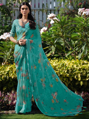 Sareemall Printed Bollywood Chiffon Saree(Blue)